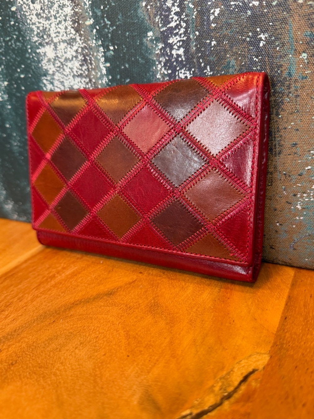 Firenze Vintage Y2K Patchwork Leather Wallet: Red Multi Color Quilted Argyle GUC - Picture 2 of 12